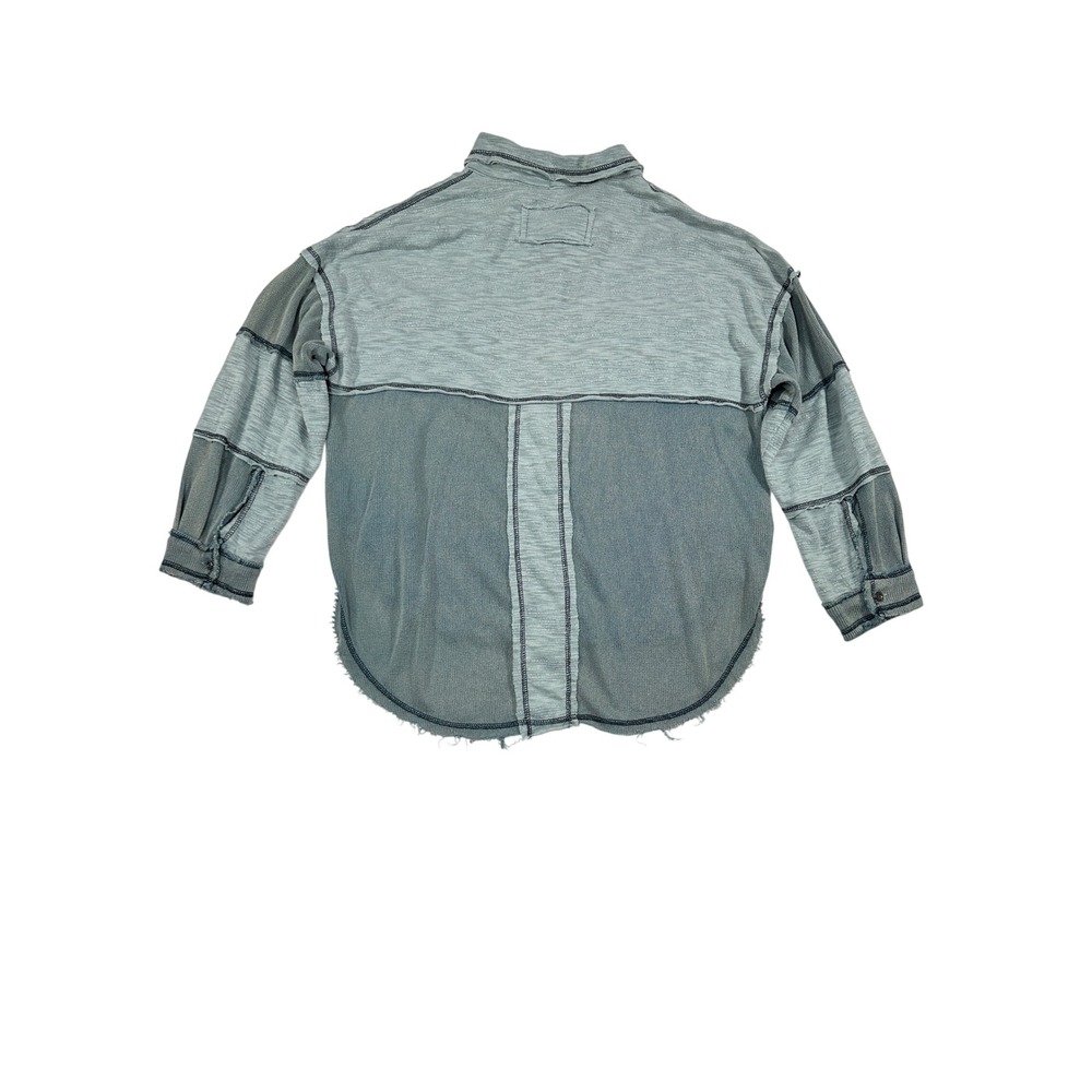 POL Clothing Mixed Media Patchwork Button Down Shirt Teal‎ Blue Small - Picture 3 of 8